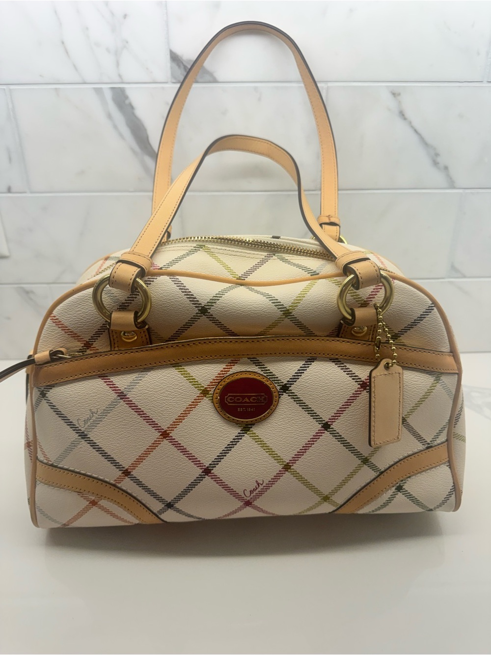 COACH Cream Satchel with Multicolor Plaid and Tan Trim